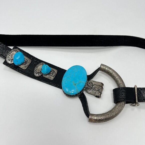 Adjustable Black, Silver & Turquoise Fashion Belt with Hook & Loop Western - Picture 2 of 9